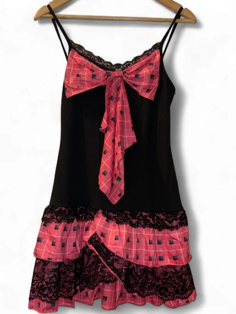 Pink Plaid Lace Slip Dress with Bow Detail Y2K Coquette S